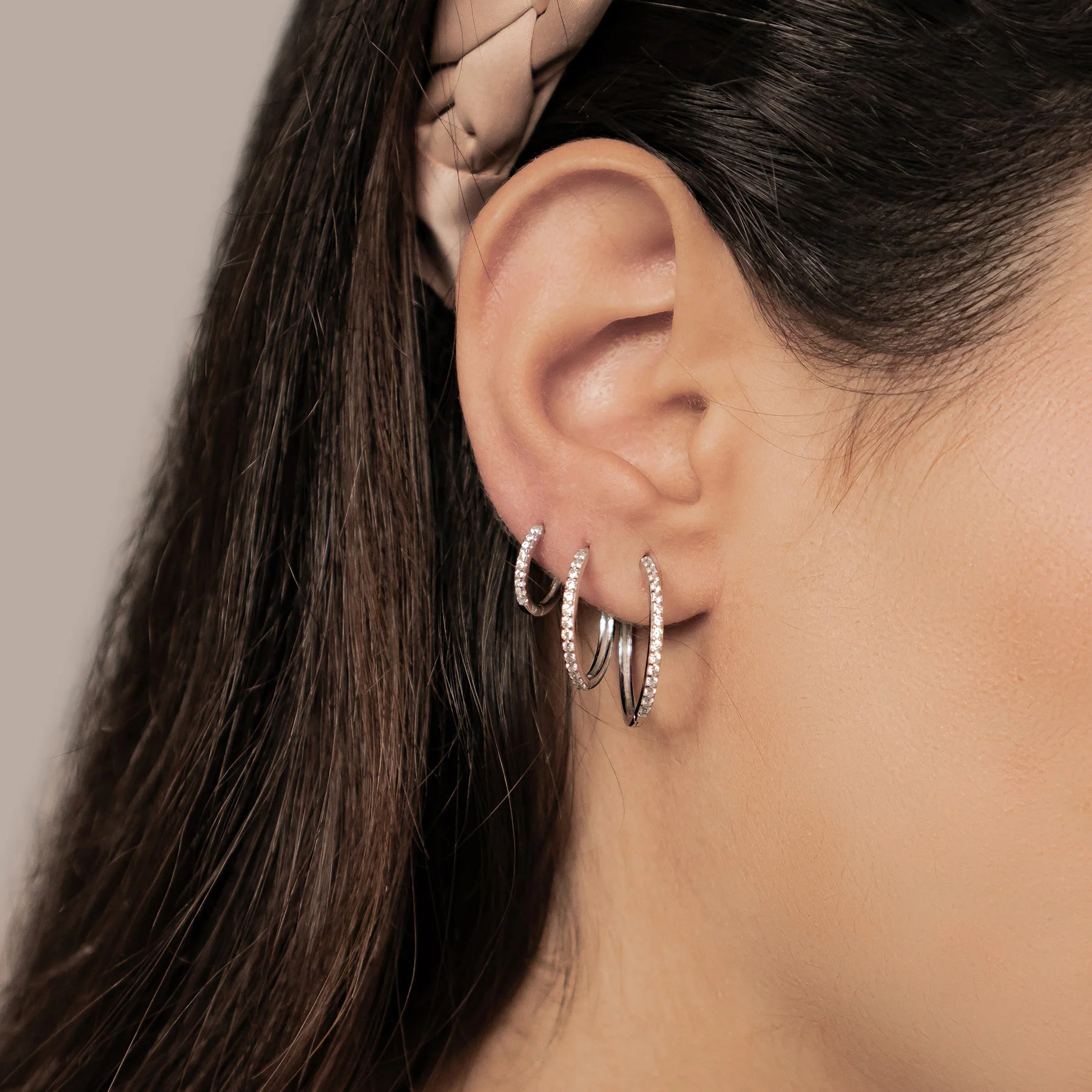 Clear Stone Trio Earring Hoop Set Sterling Silver - Image 13