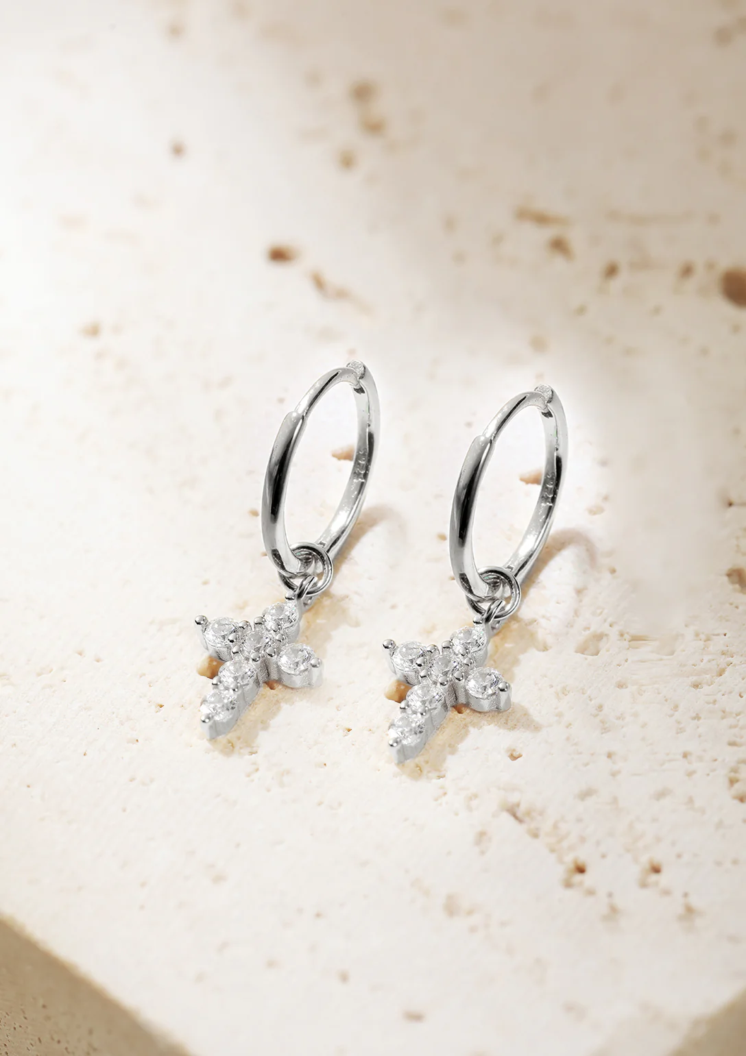 Cross Charm Hoop Earrings Sterling Silver - Image 3