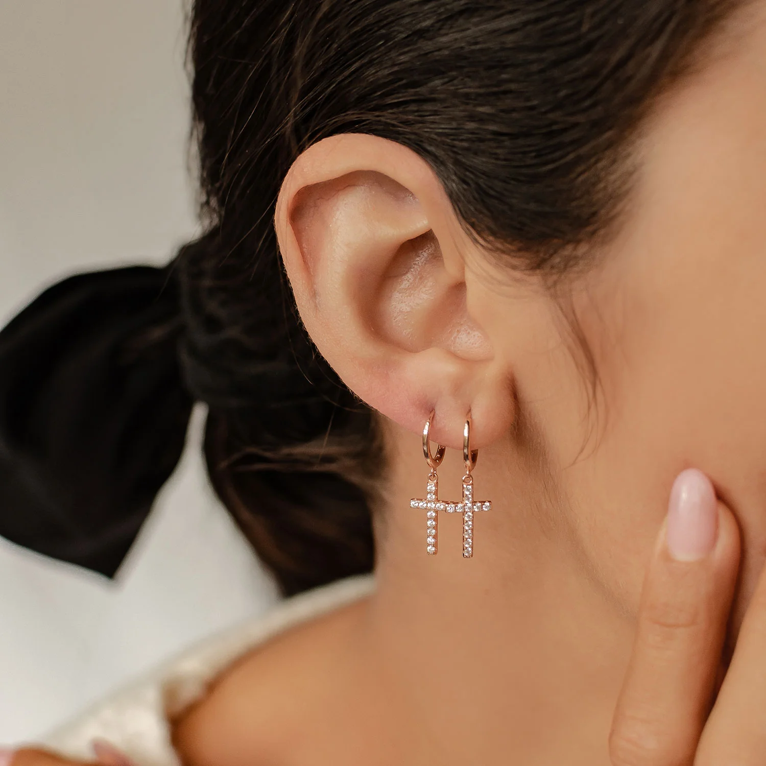 Cross Huggie Earrings Sterling Silver Gold - Image 4