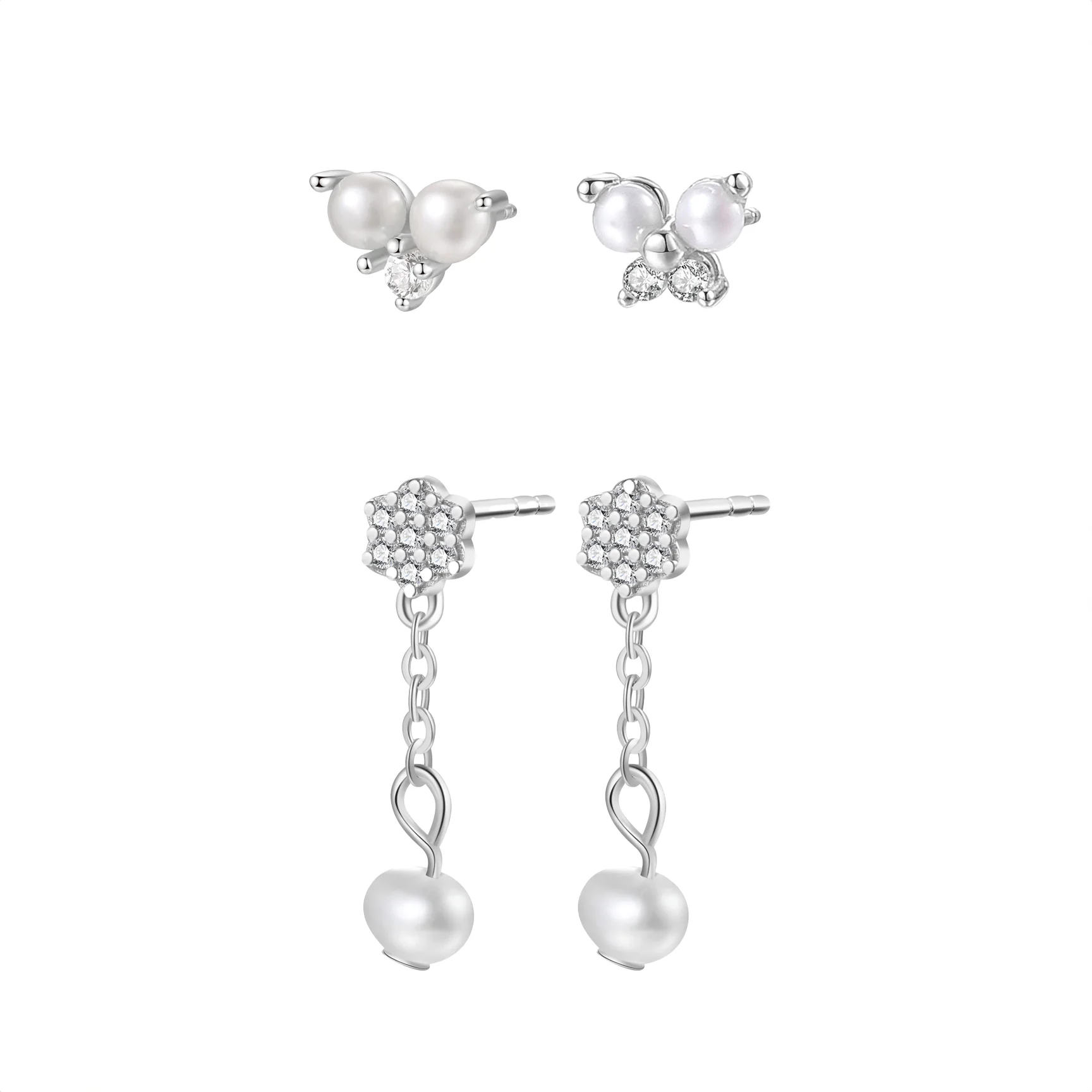 Flower & Pearl Earrings Set Sterling Silver - Image 3