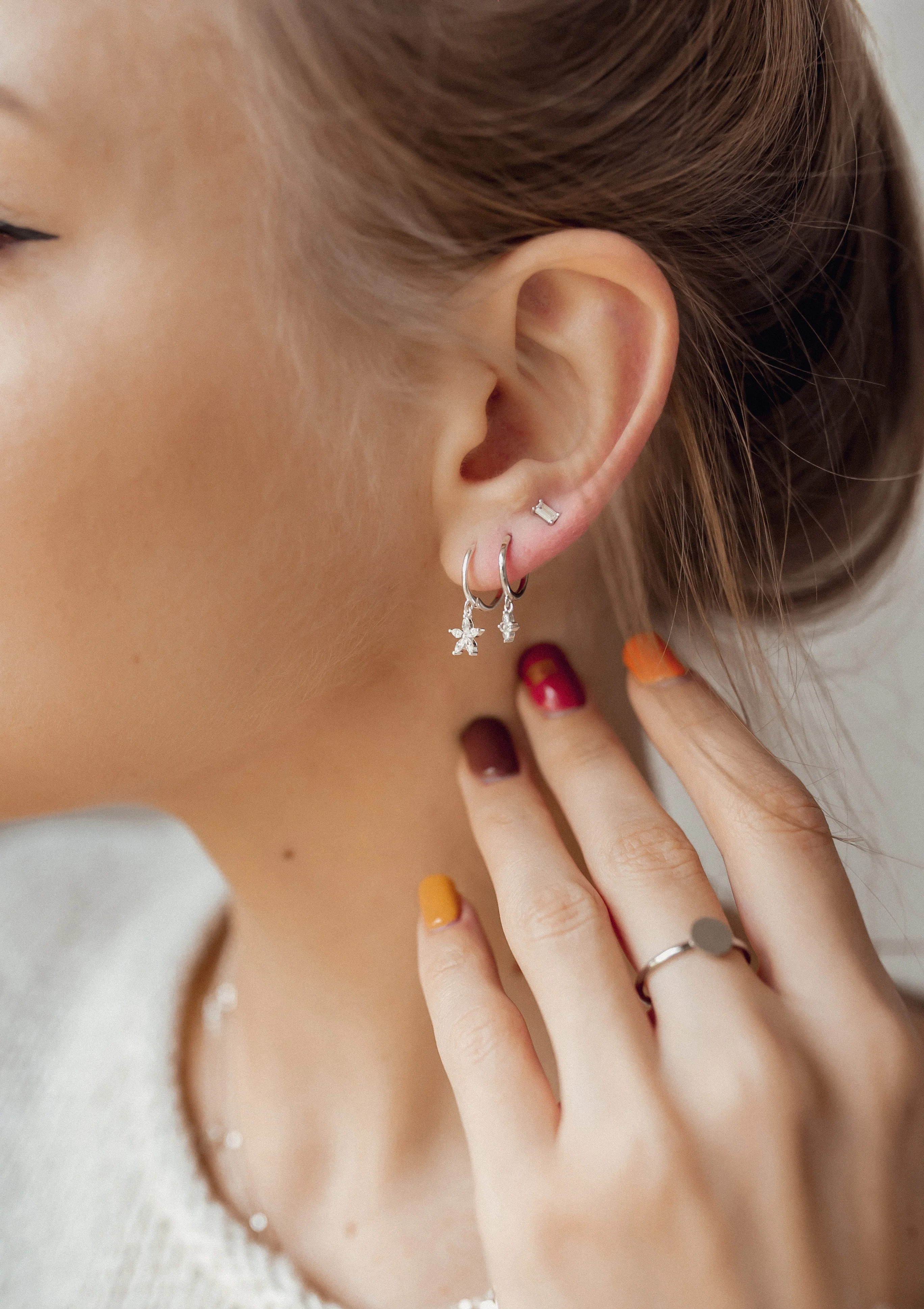 Gemstone Daisy Huggie Earrings Sterling Silver - Image 12