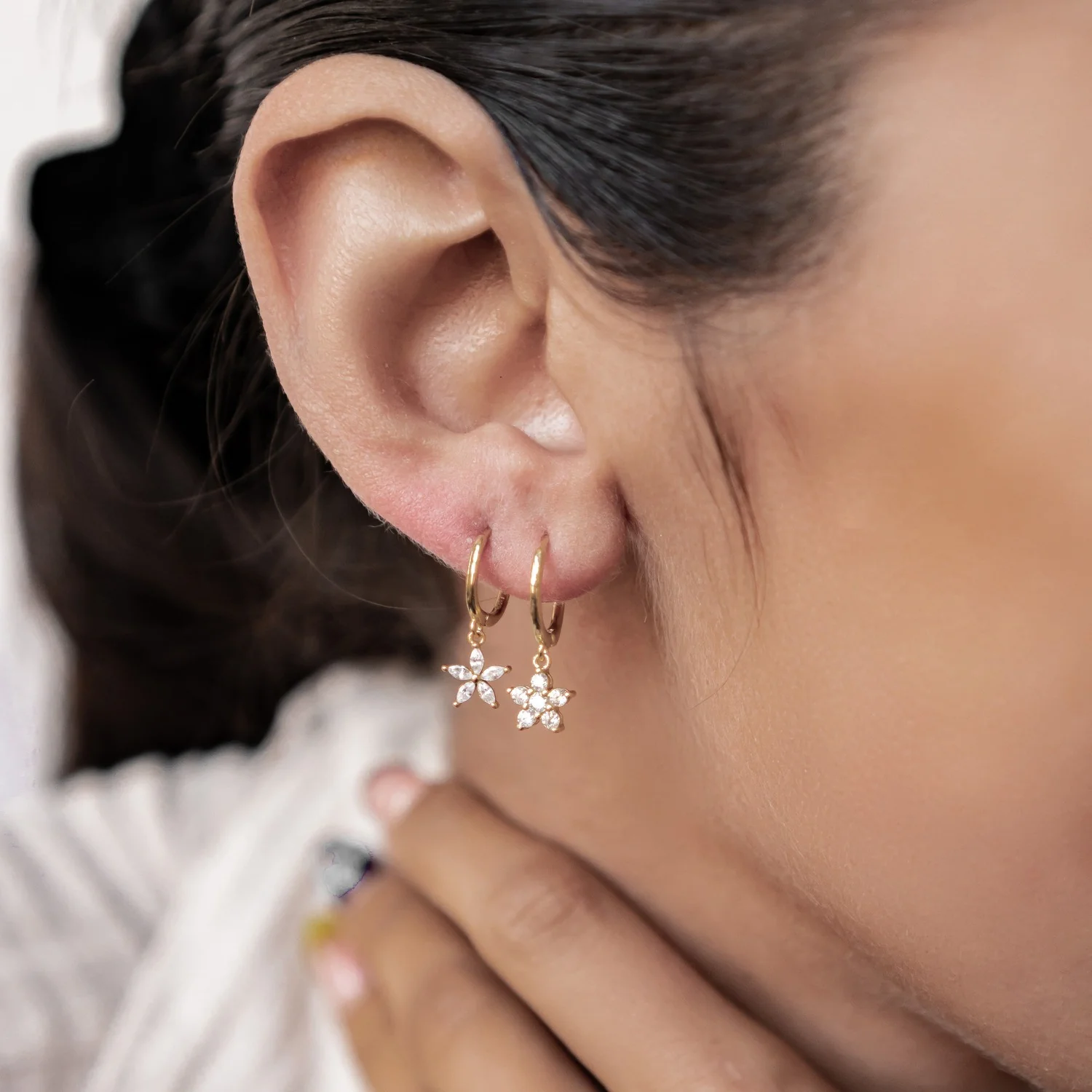 Gemstone Daisy Huggie Earrings Sterling Silver - Image 18