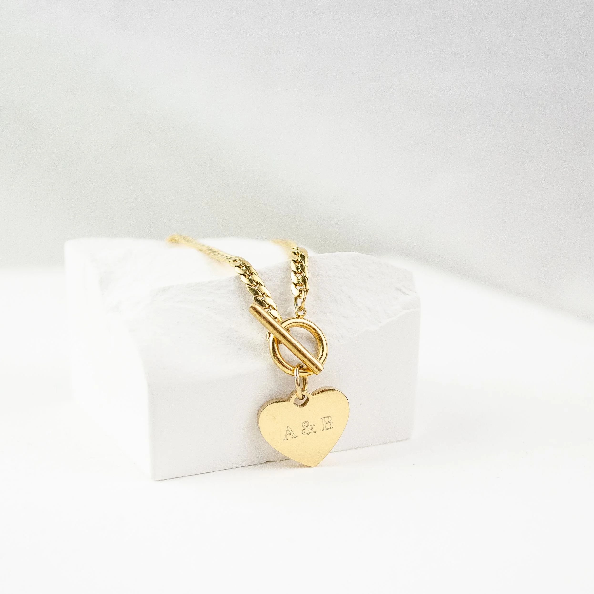 Heart Charm T-Bar Chain Necklace Gold - Image 3