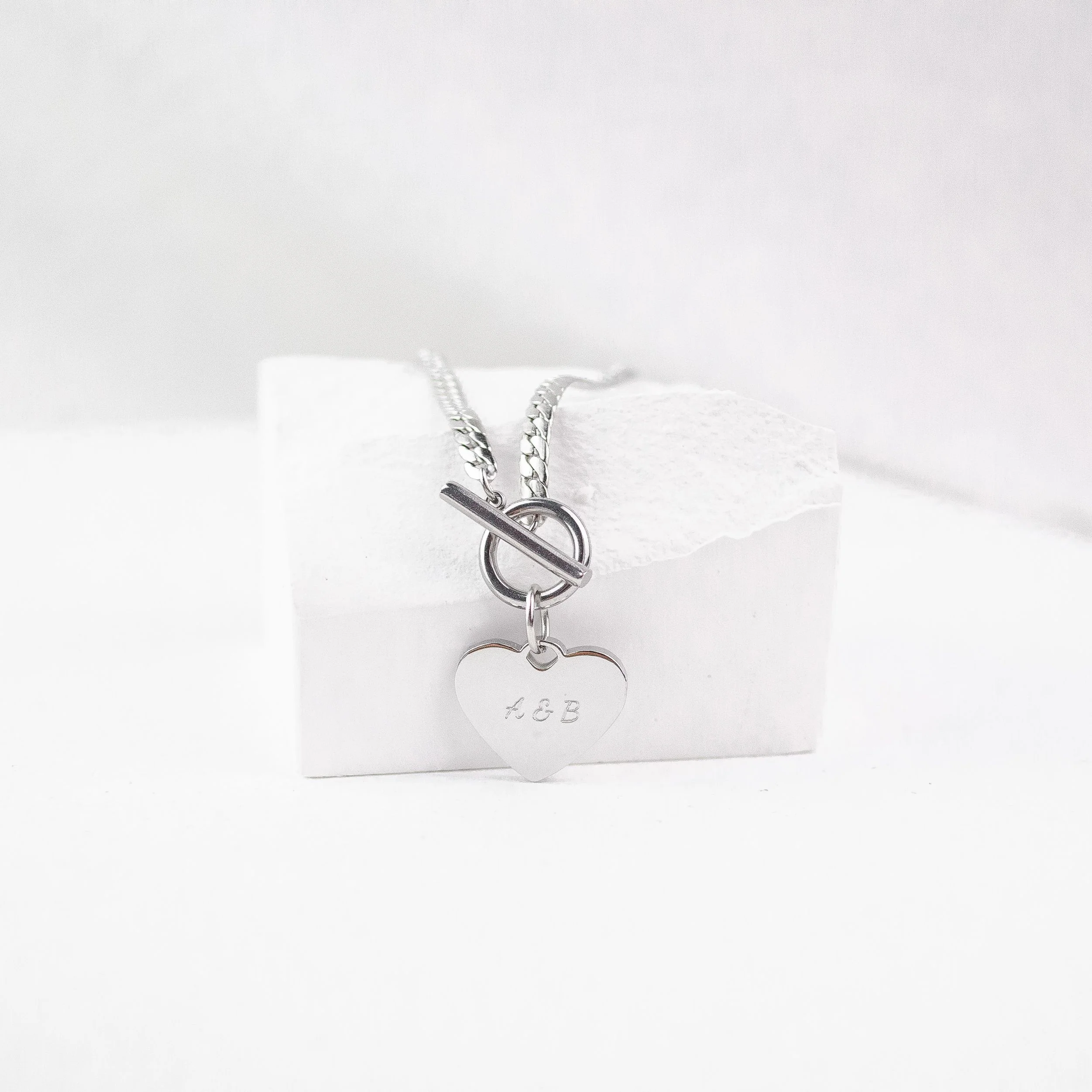 Heart Charm T-Bar Chain Necklace Silver - Image 3