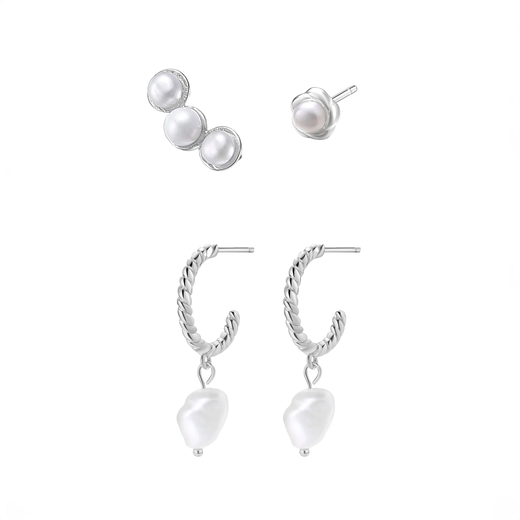 Pearl Hoop & Stud Earrings Set Sterling Silver - Image 3