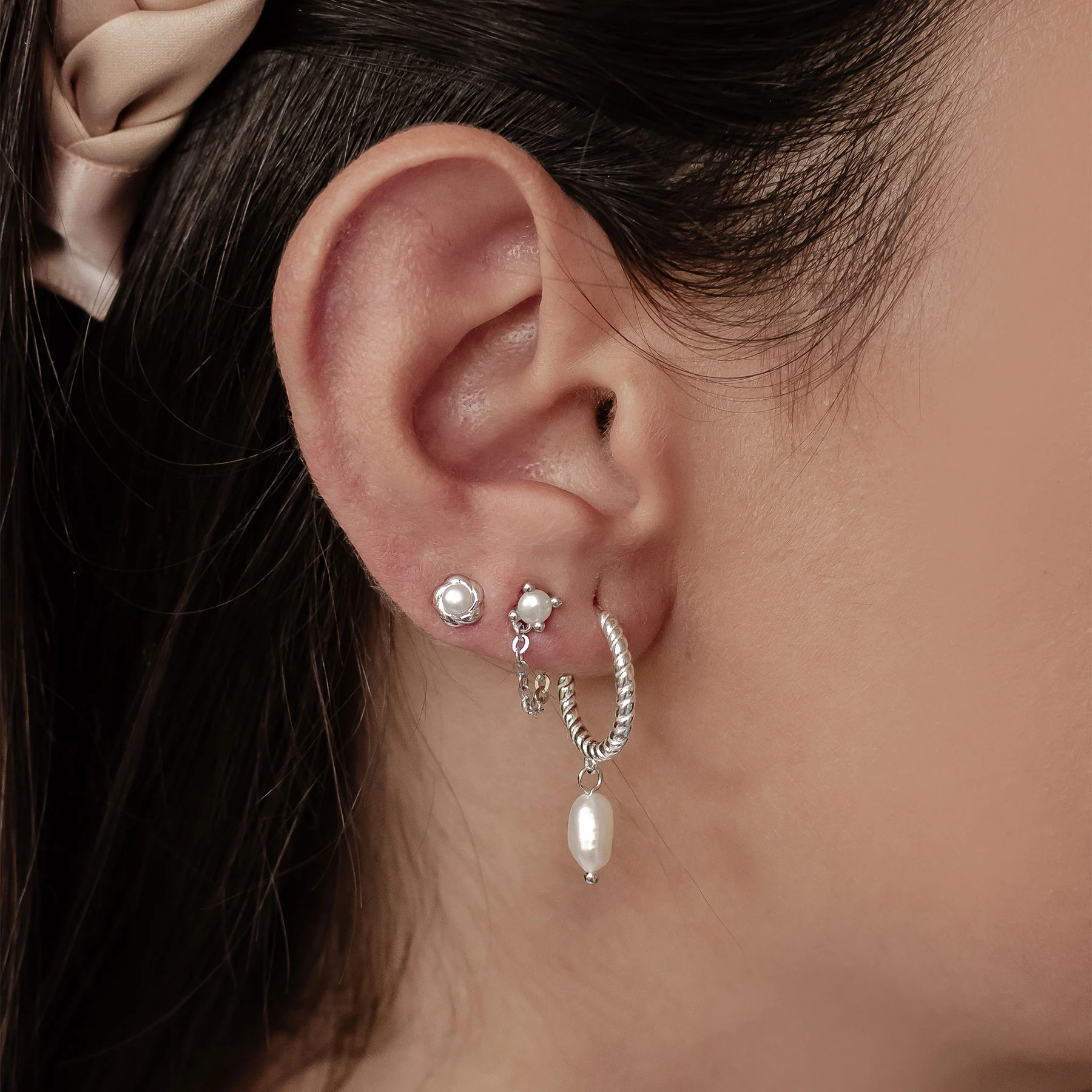 Pearl Hoop & Stud Earrings Set Sterling Silver - Image 4