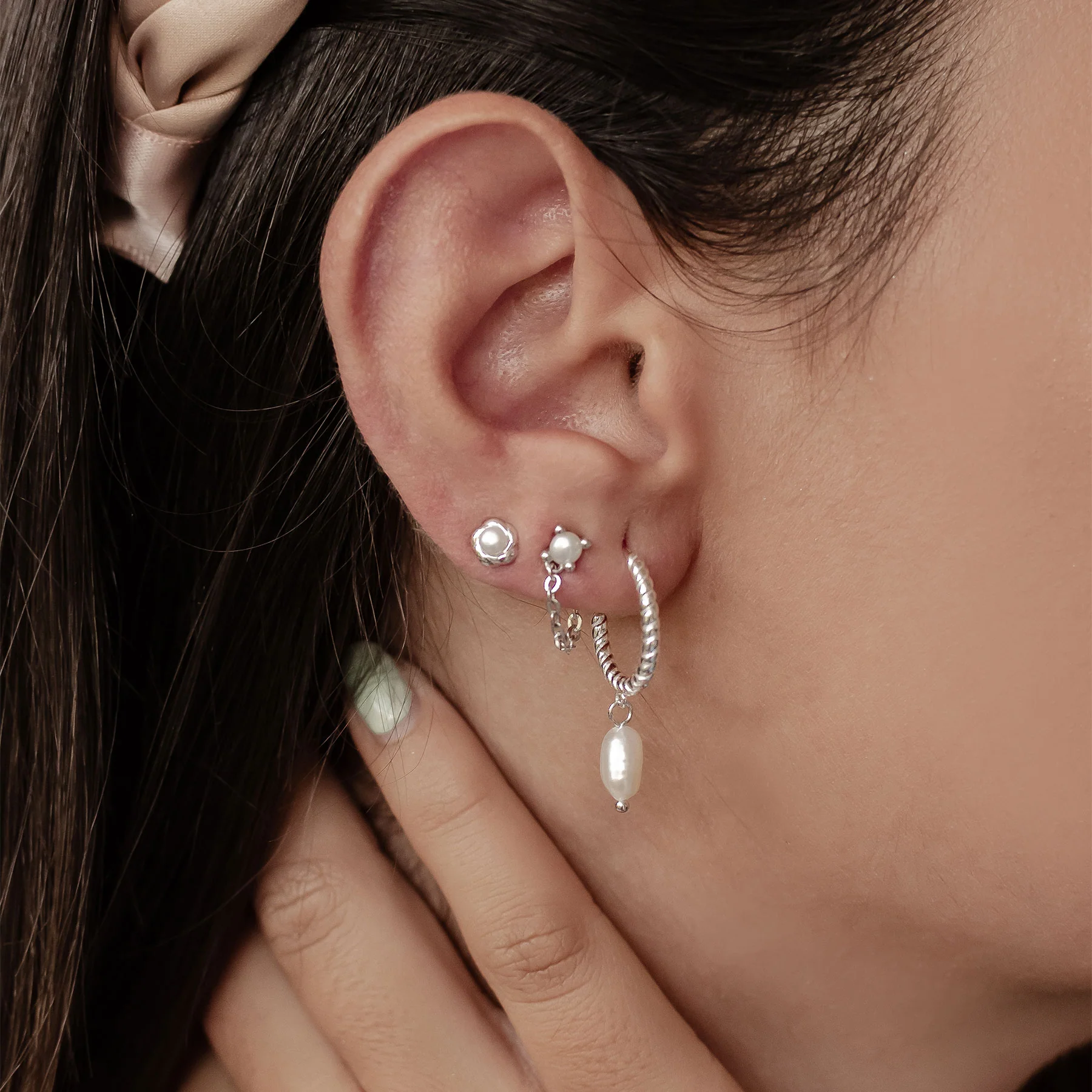 Pearl Hoop & Stud Earrings Set Sterling Silver - Image 5