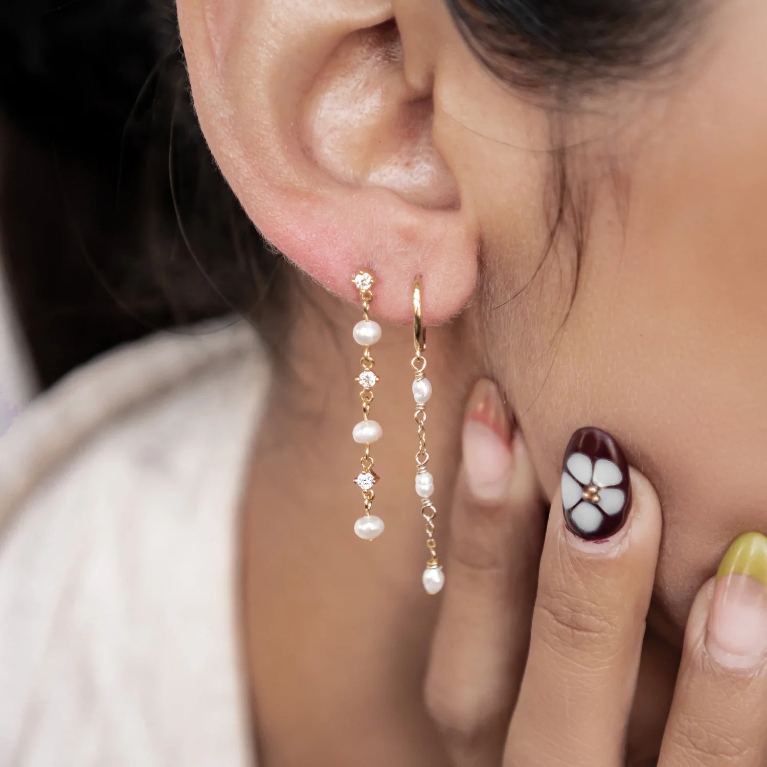 Triple Pearl Huggie Earrings Sterling Silver Gold - Image 6