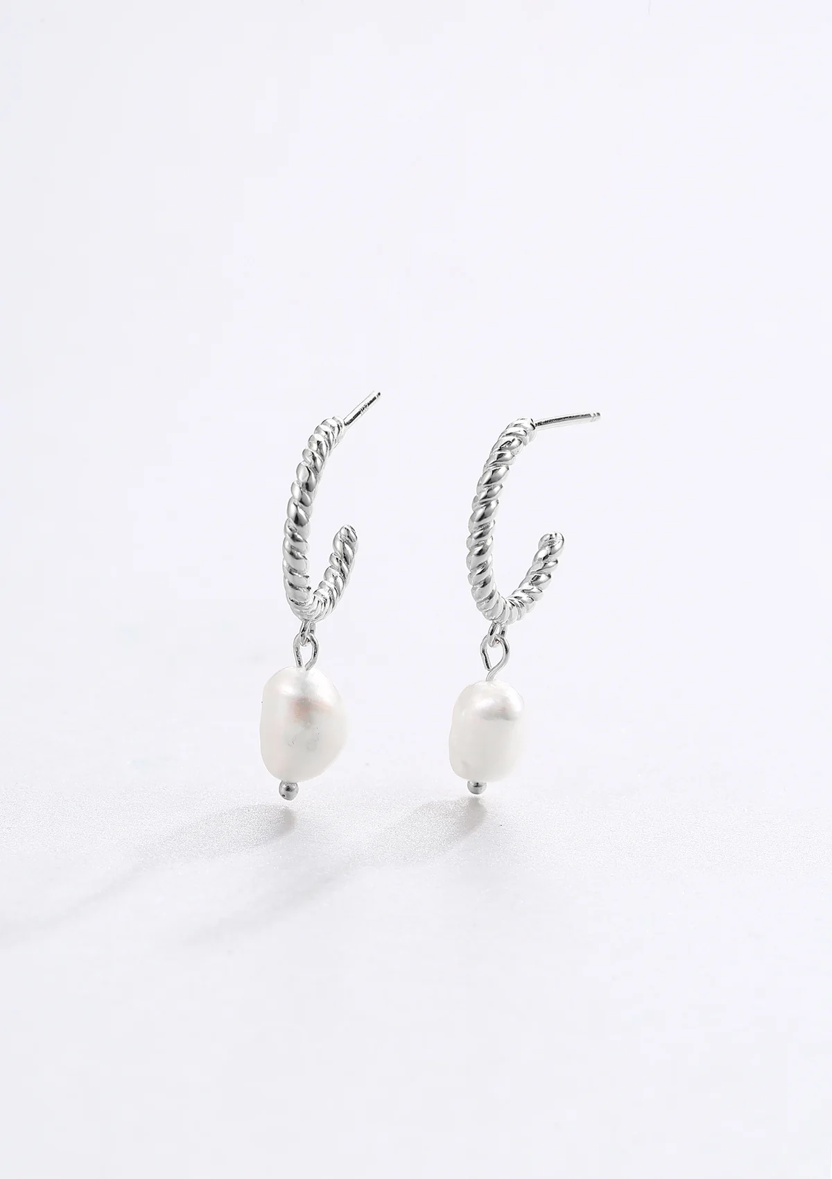 Twisted Hoop Pearl Drop Earrings Sterling Silver - Image 3